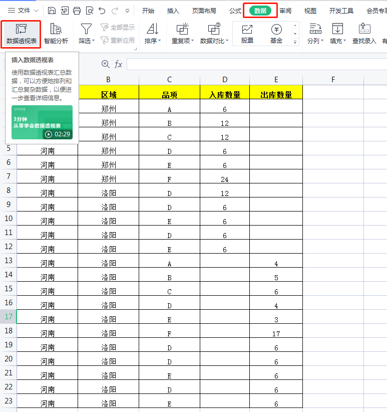wps中如何使用数据透视表汇总仓库剩余库存？-趣帮office教程网