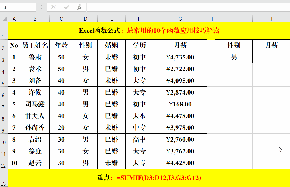 Excel中Sumif函数的应用：按性别统计月薪-趣帮office教程网