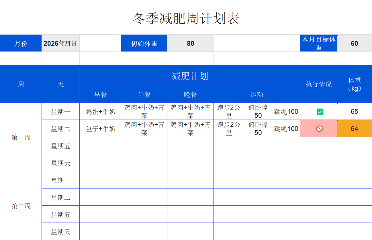 精选减肥计划表Excel模板，记录你的每一步蜕变-趣帮office教程网