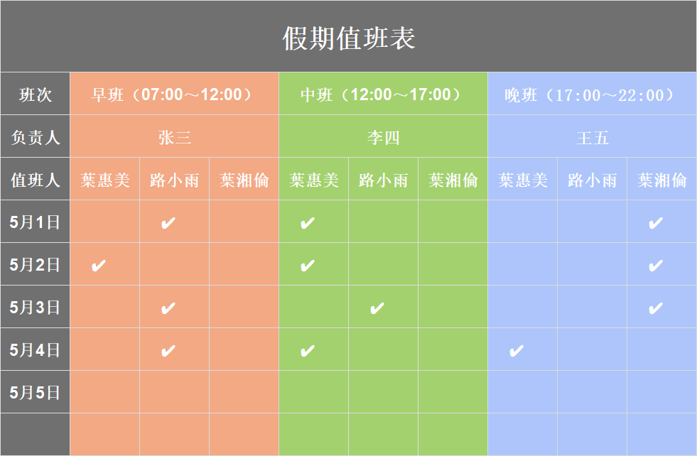 2026年劳动节假期值班表模板，实用的值班排班表，覆盖早中晚班等场景-趣帮office教程网